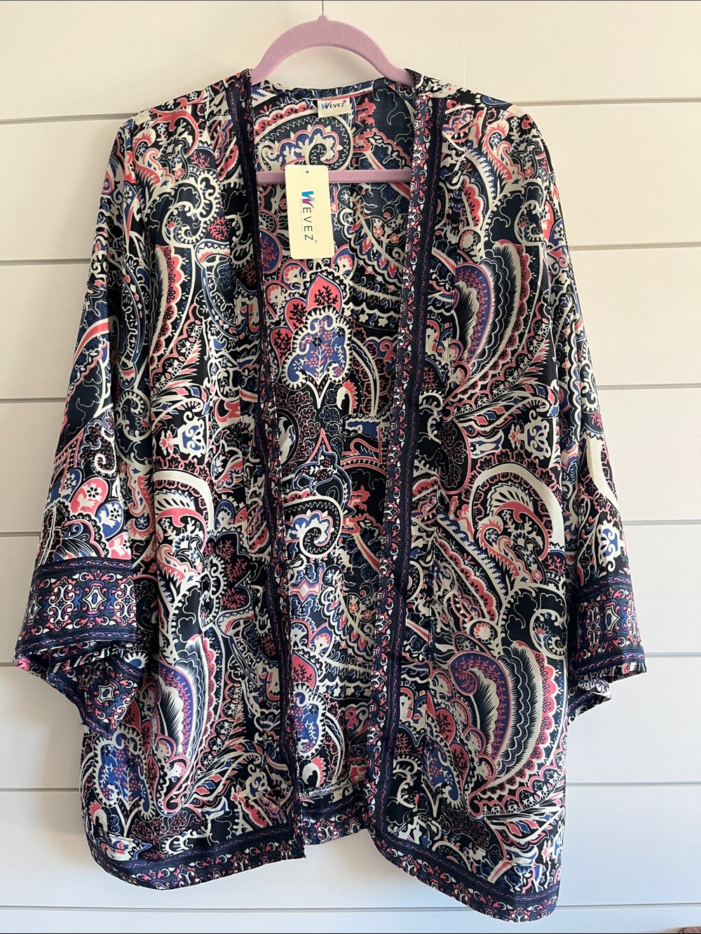 Paisley Silk Open-Front Kimono in Navy & Pink NWT OSFM